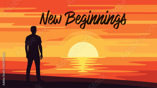 Silhouetted person watching the sunrise over the sea. New beginning text