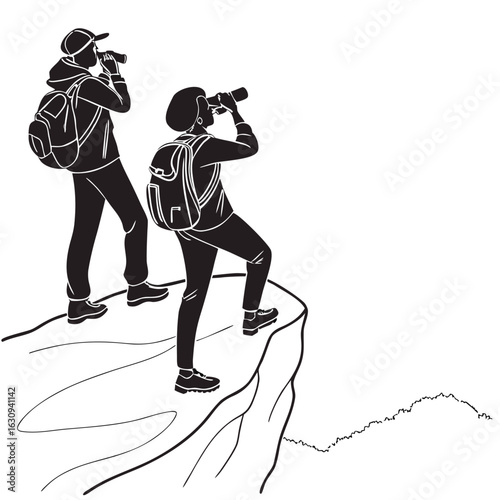 Two hikers with backpacks standing on a cliff edge observing the horizon silhouette