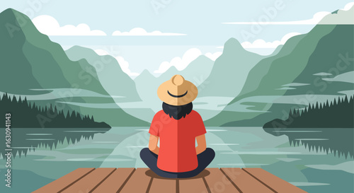 Peaceful person sitting on a pier enjoying the lake view