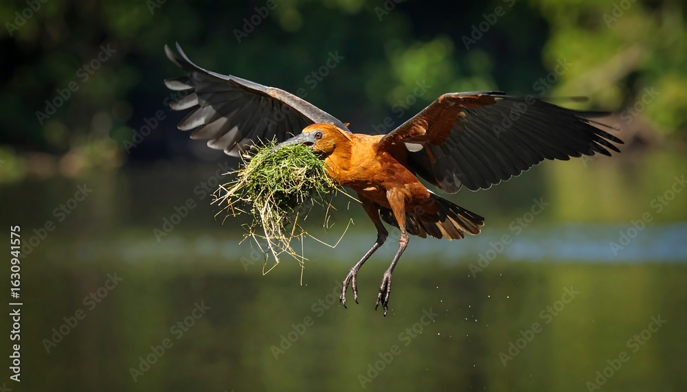 Fototapeta premium Bird in flight with nest material