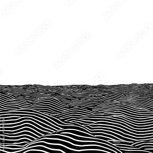 Abstract black and white landscape with wavy lines creating a three dimensional perspective view effect