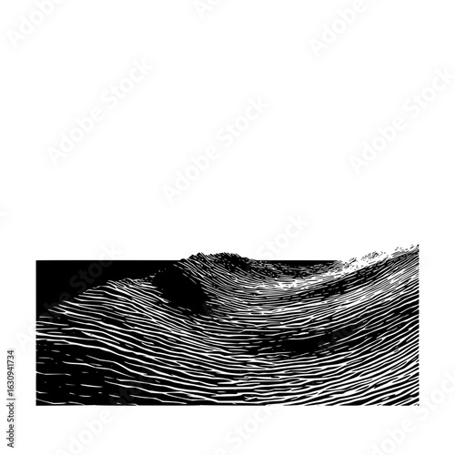 Monochrome abstract landscape with textured horizontal lines and a dark horizon in the distance