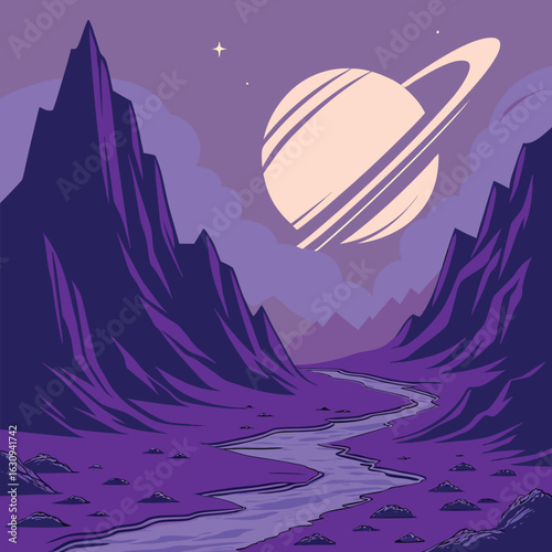 Alien planet landscape with saturn like ringed planet and purple mountains silhouette