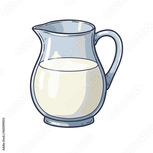 Clear glass pitcher filled with milk. Vector illustration