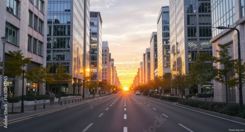 Golden Hour Sunset Illuminates Modern City Street Lined with Glass Skyscrapers and Trees