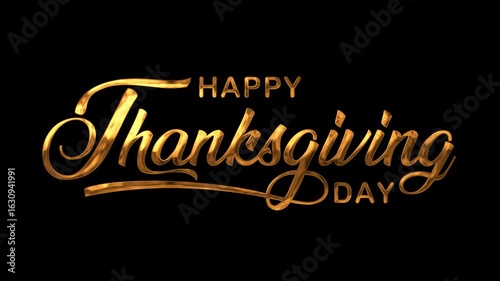 Happy thanksgiving day text animation in gold perfect for holiday greeting cards, social media posts, and event flyers.