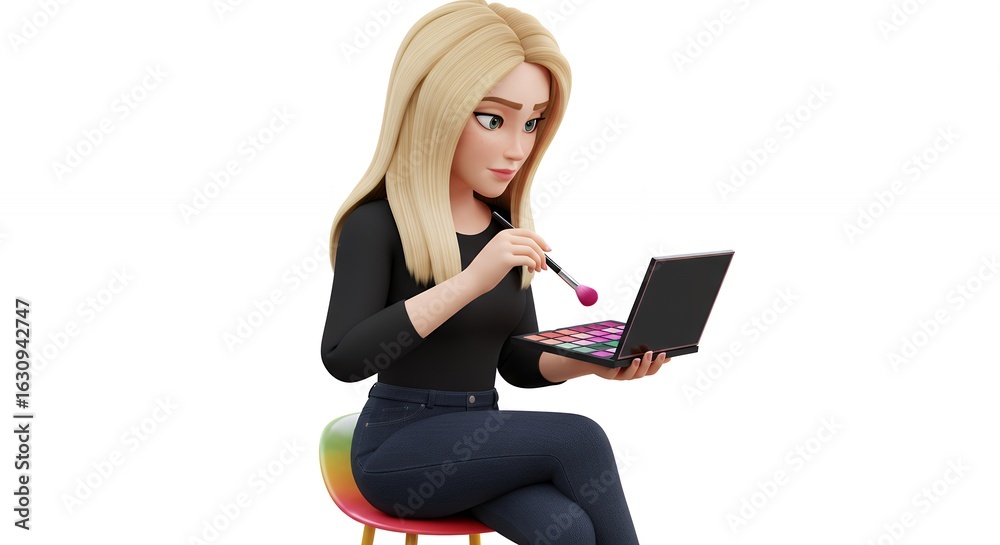 Naklejka premium Cartoon woman applying makeup with laptop