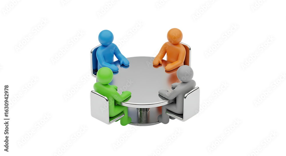 Obraz premium 3d illustration of colorful figures in a business meeting around a round table, isolated on transparent background