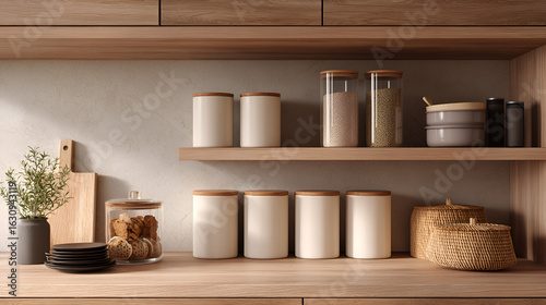 Minimalist kitchen with wooden shelves and neutral-toned containers and tableware for a clean aesthetic.