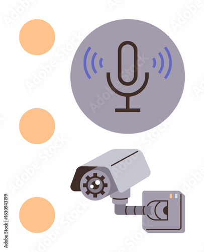 Microphone emitting sound waves next to a mounted security camera. Ideal for security, technology, surveillance, monitoring, audio recording, smart systems, privacy concepts. Simple flat metaphor