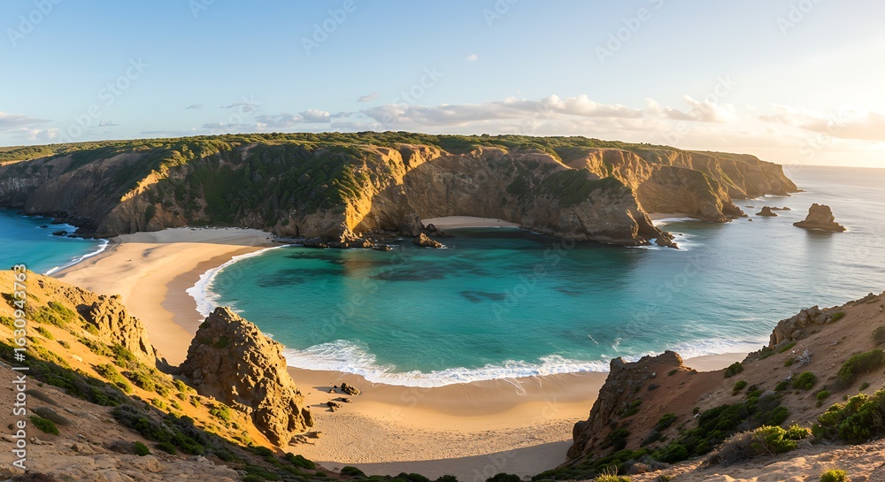 Fototapeta premium Spectacular Coastal Vista: An expansive, panoramic view of a pristine beach, where turquoise waters meet golden sands, framed by dramatic cliffs and under a bright sun. 