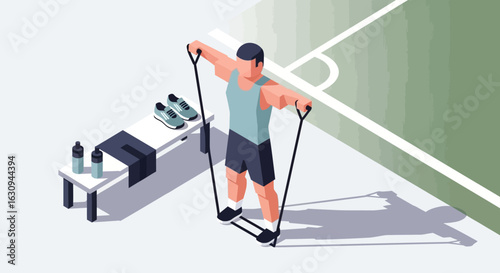 Isometric illustration of a muscular man exercising with resistance bands next to a sports field.