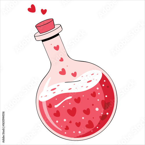Chemistry flask filled with hearts and love poison in cartoon flat style. Pink bubbling liquid reaction in beaker, ideal Valentine icon on white background