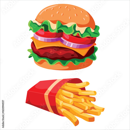 Cheeseburger with French fries, beef patty, and vegetables in outline vector, perfect for fast food menus, takeout meals, and American snack designs