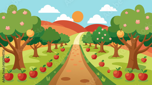 An apple orchard with trees in full bloom and pathways for visitors to pick their own apples in the fall.