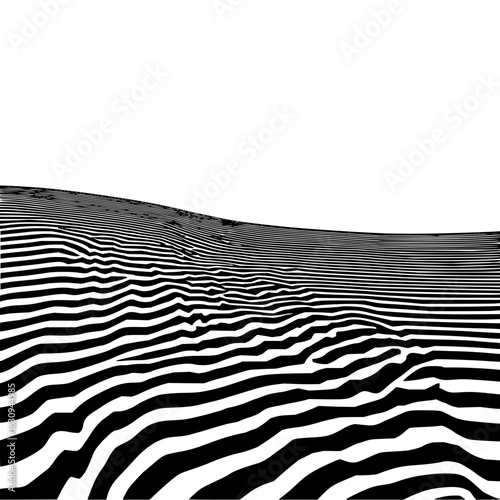 Abstract black and white landscape with horizontal wavy lines creating a three dimensional illusion