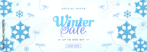 Elegant Winter Sale Advertisement Featuring Snowflakes and Cold Weather Elements