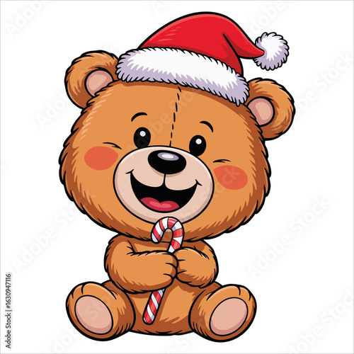 Christmas teddy bear holding candy cane in cartoon vector. Festive holiday illustration perfect for cute xmas designs and cheerful celebration themes