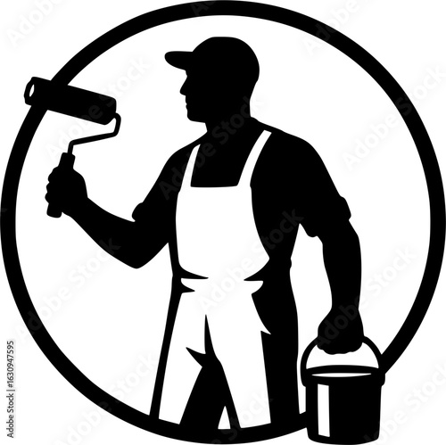 House Painter Logo – Black and White Vector Emblem with Paint Roller and Bucket