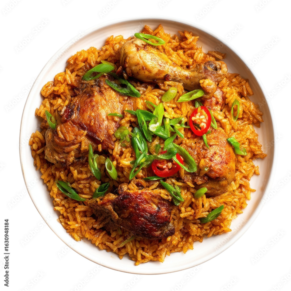 Fototapeta premium Savory Chicken Rice Dish with Fresh Vegetables and Spices