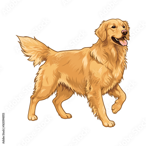 Golden retriever walking happily with tongue out in a vector illustration. Vector illustration