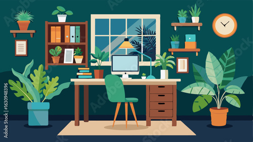 A home office with a large desk made from reclaimed wood and surrounded by potted succulents and tropical prints.