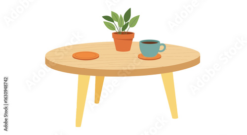 Wooden Round Coffee Table with Plant and Cup Vector
