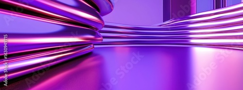 Abstract Digital Art with Neon Lights and Purple Color Palette Showcasing Modern Futuristic Design with Curved Lines and Glowing Reflections