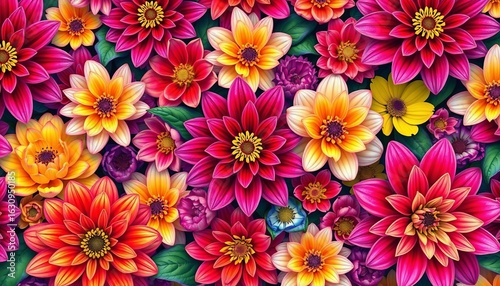Intricate blooming flowers in vibrant hues, seamlessly repeating, texture, yellow
