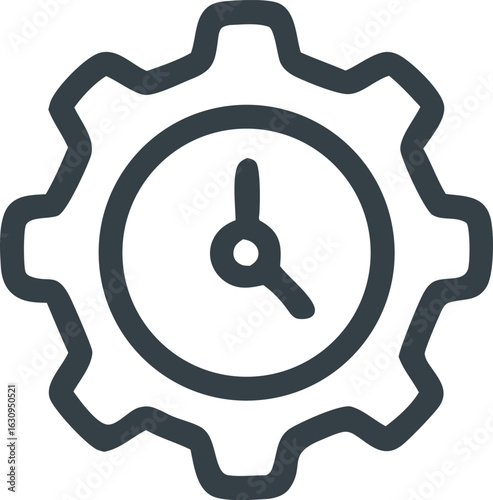 Clock inside a gear graphic suitable for industrial design concepts, technology products, engineering presentations, and time management visuals.