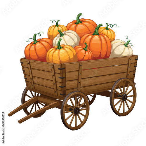 Wooden cart filled with orange and white pumpkins on rustic wheels. Vector illustration