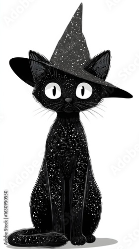 Cartoon black cat with witch hat and sparkling