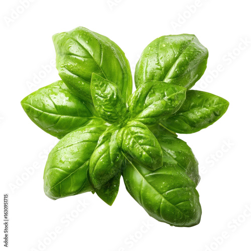 Fresh Basil Leaves with Water Droplets Isolated on White Background