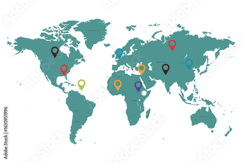 Color-coded world map with location markers on different continents. Vector illustration