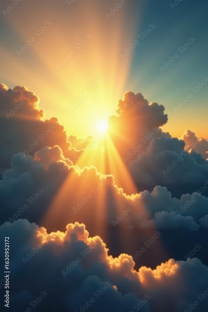 Fototapeta premium Golden sunbeams burst through clouds, illuminating landscape , sky, beams, rays