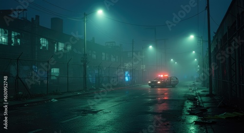 A dim, fog-covered street illuminated by distant police car neon lights, with a broken fence beside a deserted warehouse.
