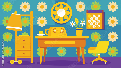 A home office with a bright yellow rotary phone a wooden desk with tapered legs and a patterned wallpaper featuring peace signs and daisies.