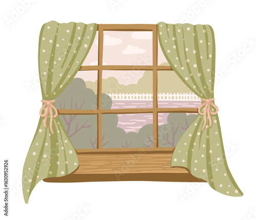 Window vector with summer countryside view and cozy home details. Hand drawn cute illustration with tree lake and village landscape. Ideal for book scene decoration and web design with rural concept.