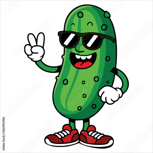 Cool pickle with sunglasses vector illustration perfect for fun branding, mascot designs, and playful projects requiring bright and eye catching graphics.