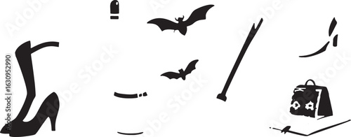 Black silhouette witch items including high heel shoe bats broom and bag halloween magic