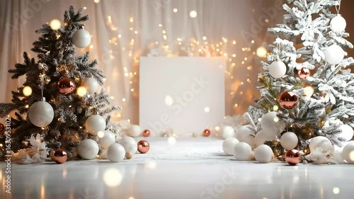 Christmas scene with two decorated, snow-covered trees, white and rose gold ornaments, bokeh lights, and a blank white canvas.