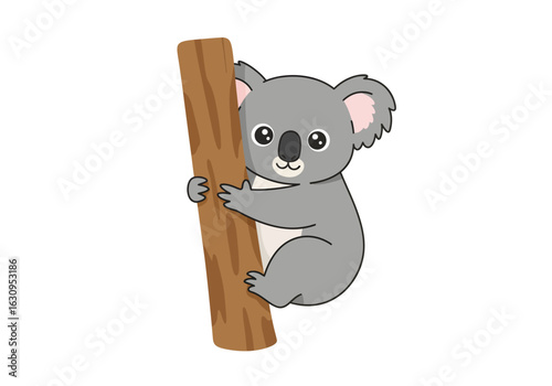 Adorable grey cartoon koala with big eyes and fluffy ears climbing a brown tree branch.