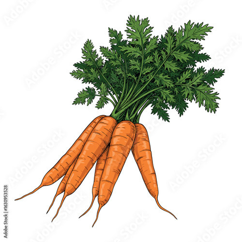 Bunch of fresh carrots with green tops. Vector illustration