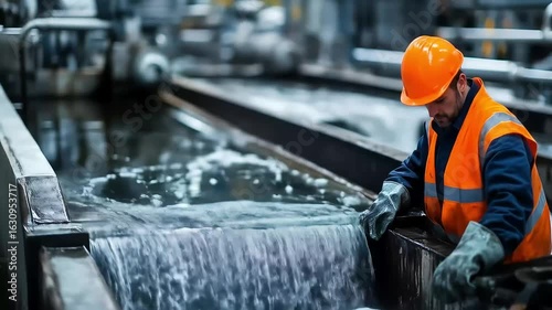 A worker in safety gear inspecting a metal processing line in a factory.