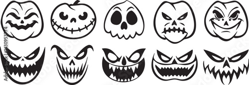 Ten black and white vector spooky Halloween faces and pumpkins scary jack o lantern