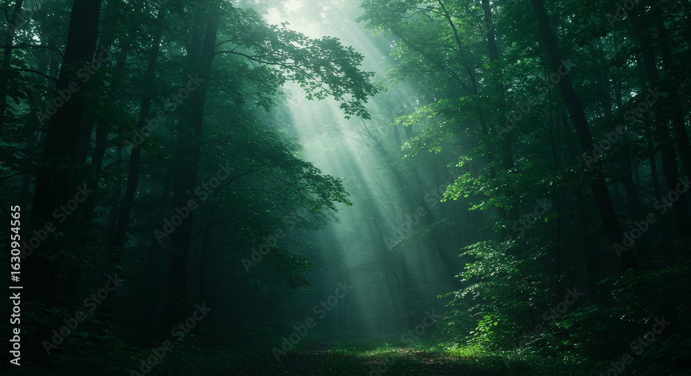 Obraz premium Dense green forest with sun rays breaking through mist