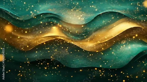 Abstract swirling gold and teal fabric with glittering particles, creating a luxurious and ethereal texture.