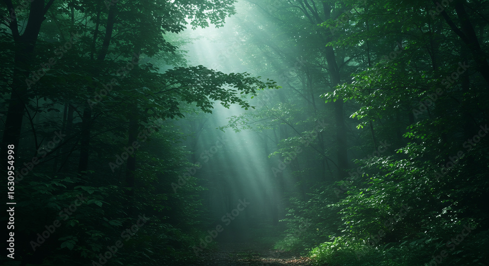 Obraz premium Dense green forest with sun rays breaking through mist