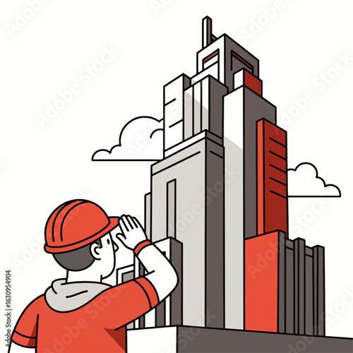 Construction worker admiring a towering modern skyscraper.
