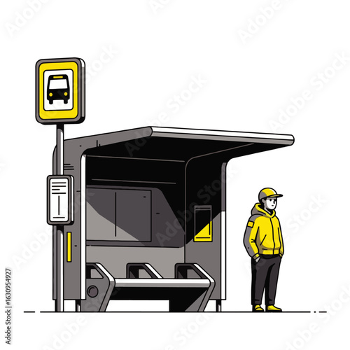 A lone person waits patiently at a modern bus shelter, shaded from the sun.